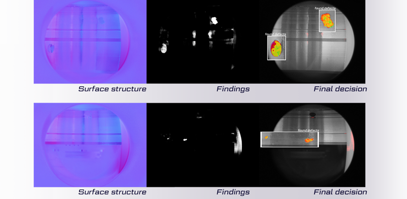 Examples of dents detected on internal surfaces