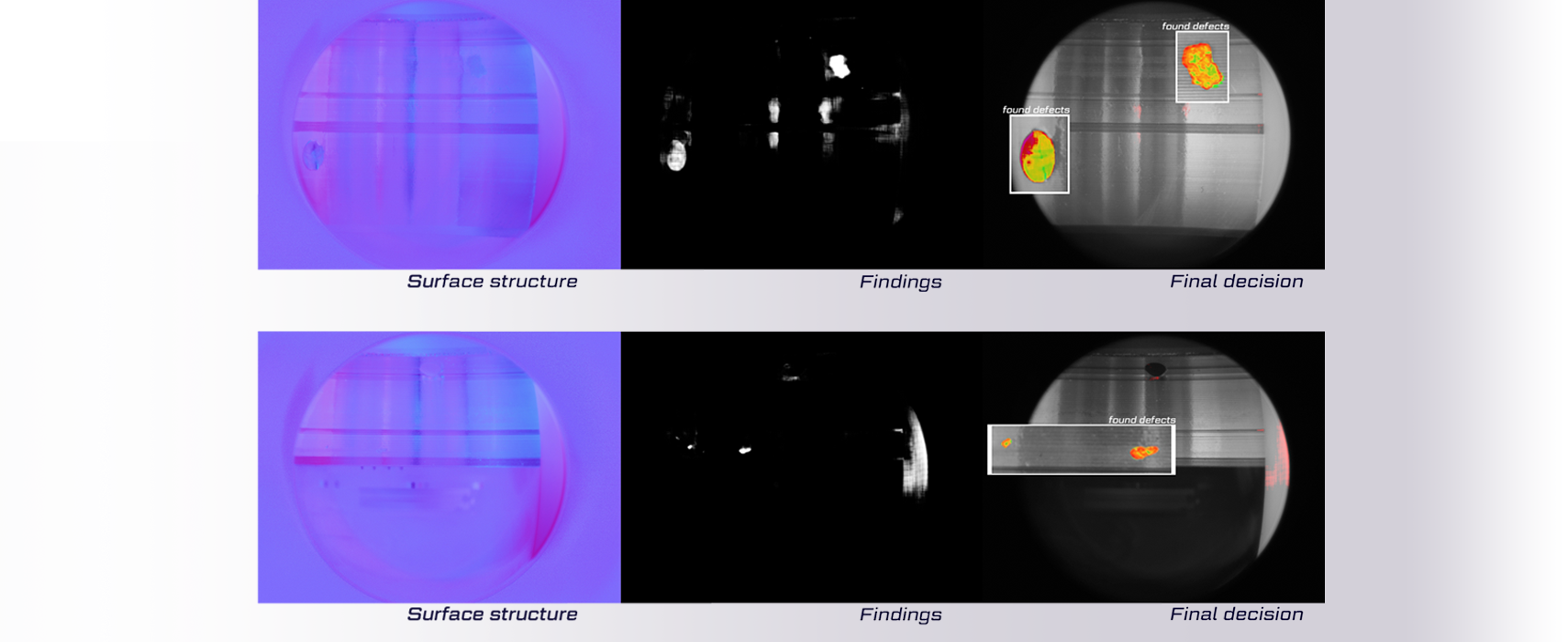 Examples of dents detected on internal surfaces